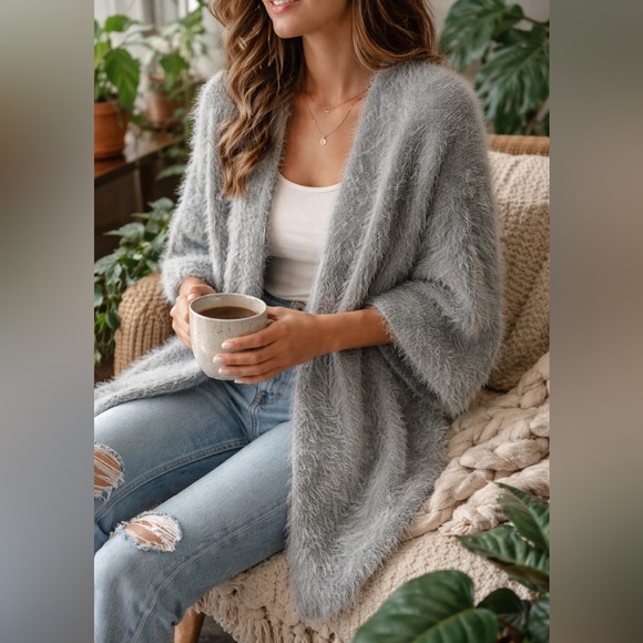 Source Unknown Sweaters - Cozy Fuzzy Eyelash Cardigan Kimono Soft Gray Open Front OS